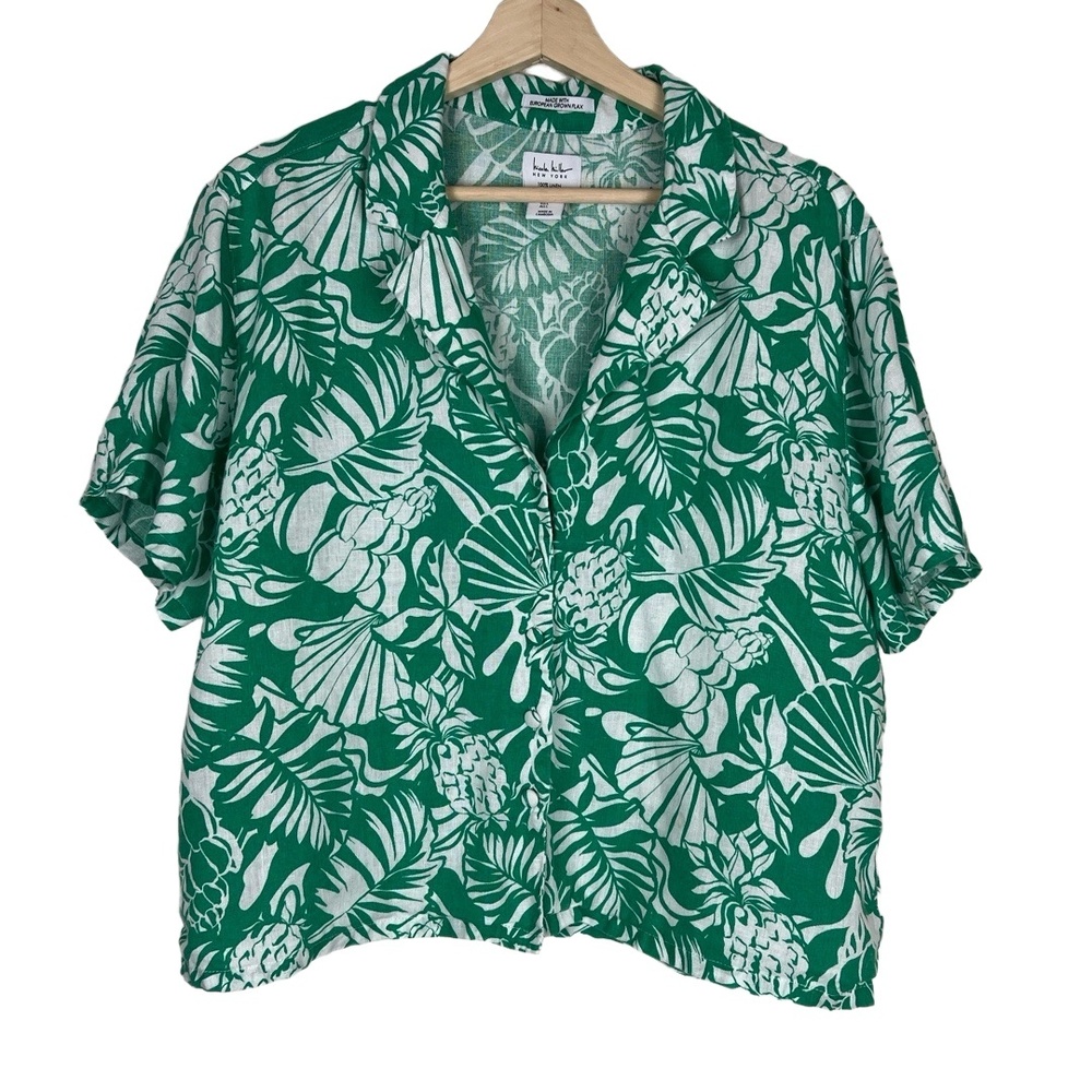 Nicole Miller Womens Large Green‎ White Tropical Linen Lounge Set Resort - Picture 8 of 9